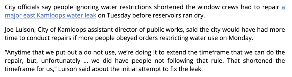 Castanet Kamloops article about reservoirs running dry