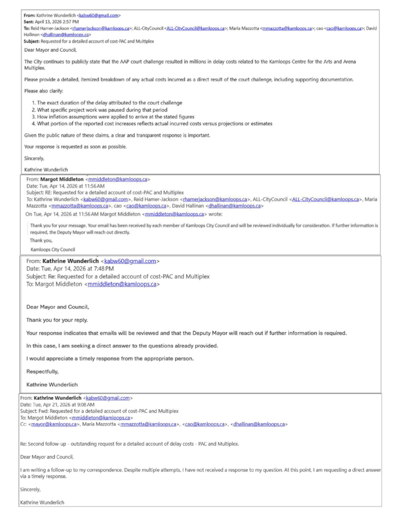 Email request for detailed breakdown of Kamloops project delay costs