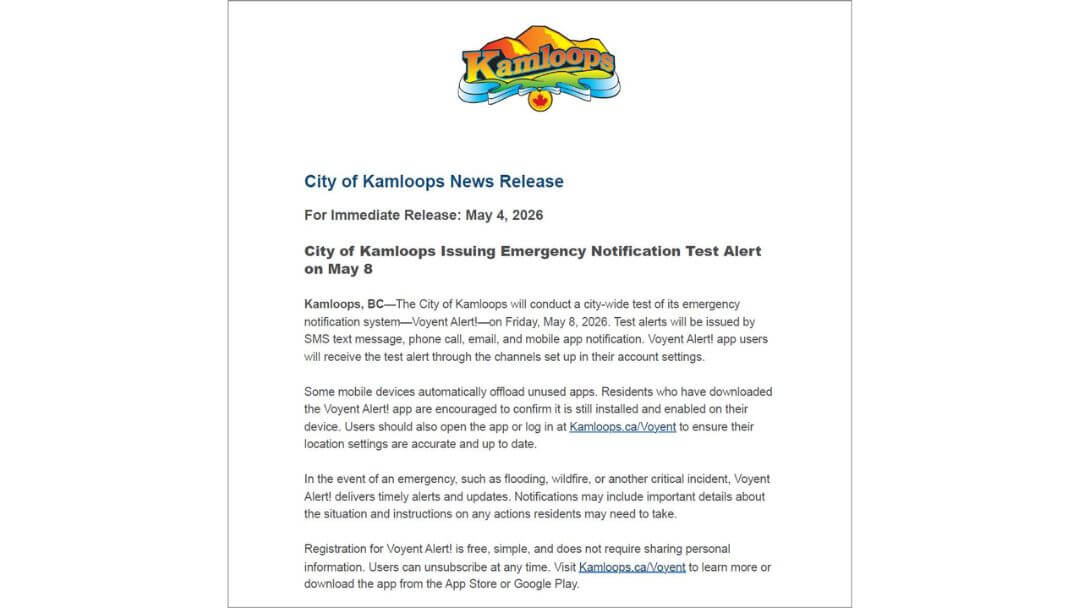 City of Kamloops emergency alert notification test announcement