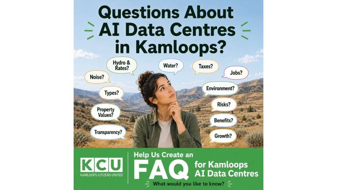 Graphic inviting Kamloops residents to submit questions about AI data centres and their potential impacts on the community.