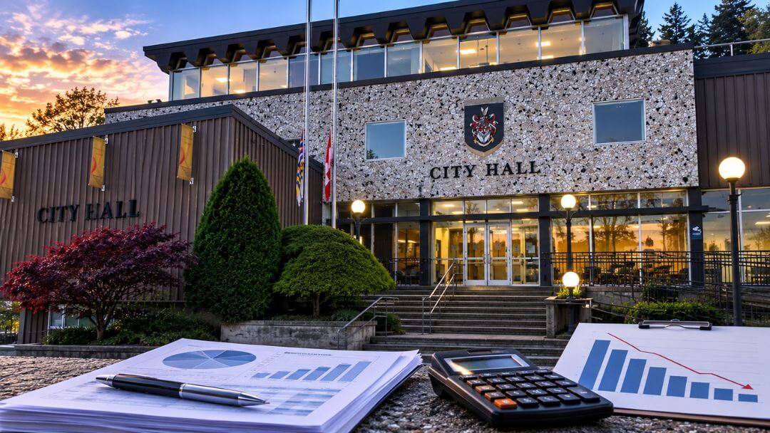 Kamloops City Hall with financial documents in the foreground representing municipal finances and Net Financial Assets.