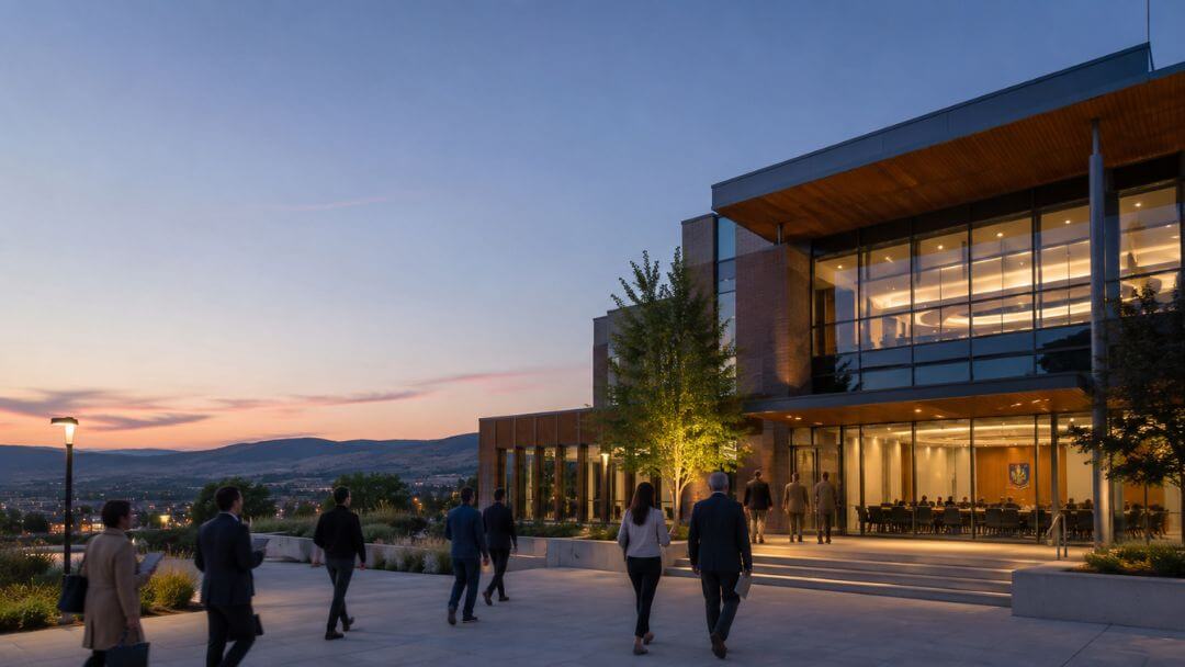 Residents arriving at Kamloops City Hall to participate in a public hearing on the proposed Kenna Village development and related AI data centre questions.