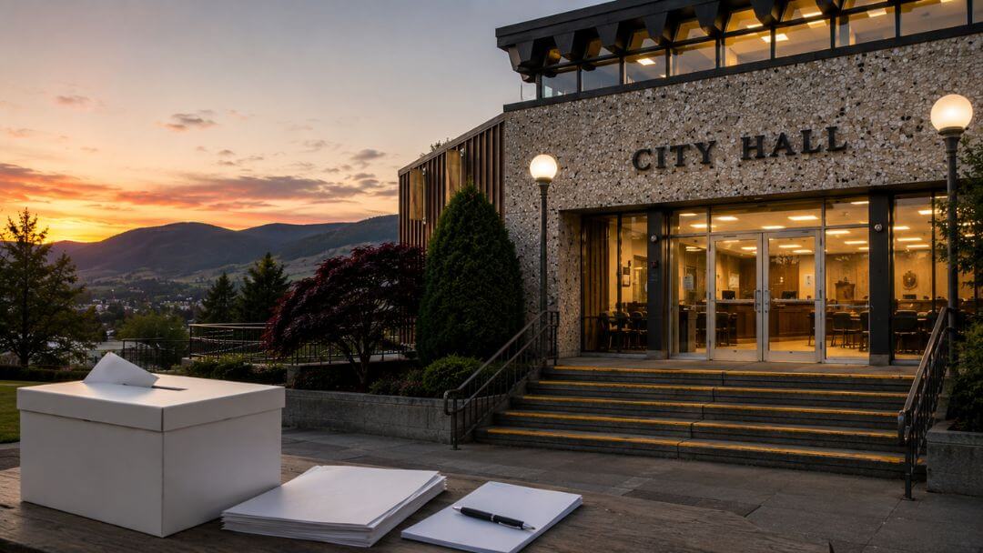 Kamloops City Hall with a ballot box, representing the 2026 municipal election and civic accountability.
