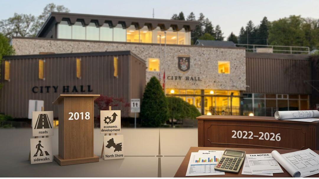 mike-oreilly-campaign-promises-council-record Illustration comparing campaign priorities in 2018 with a municipal council record from 2022 to 2026 using a timeline and Kamloops City Hall.