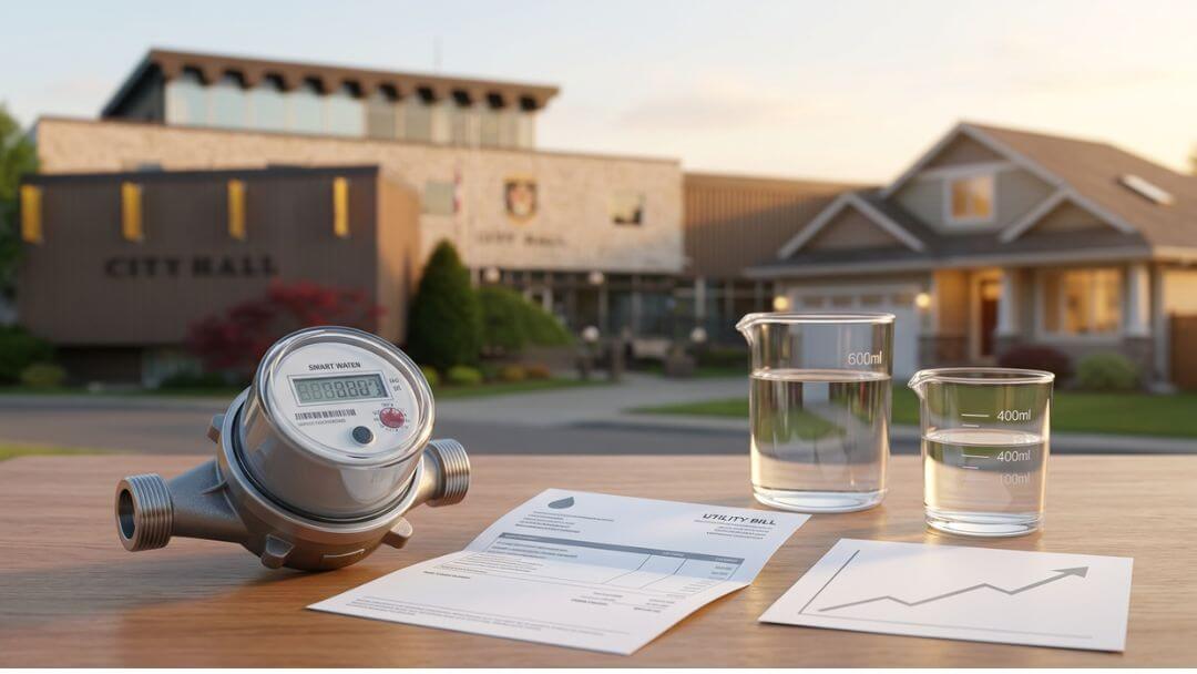 Illustration of a residential water meter, utility bill, and Kamloops City Hall representing proposed 2027 water rate and included water changes.