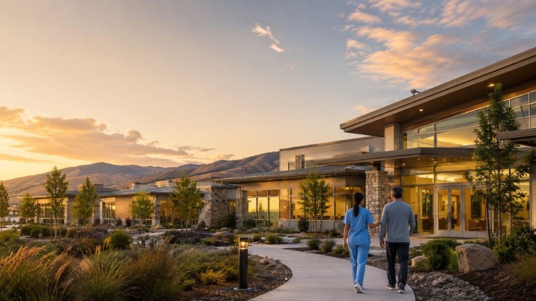 Concept illustration of a secure mental health and addictions treatment facility representing compassionate care and recovery in Kamloops.