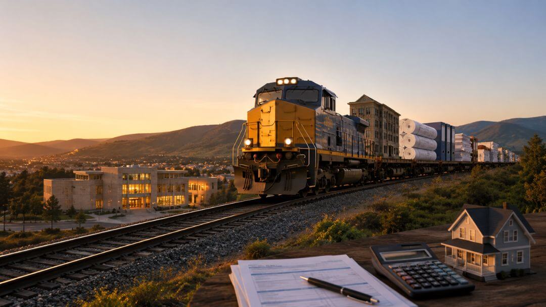 Illustration of a freight train symbolizing rising municipal spending approaching a property tax bill with Kamloops City Hall in the background.