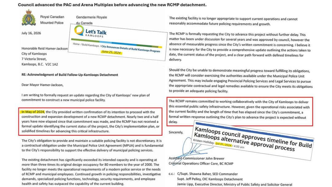 Graphic comparing an RCMP letter with City project timelines, highlighting the RCMP's statement that a new police facility is a contractual obligation.